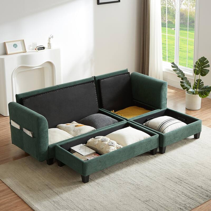 Chenille Sectional Sofa L-shaped Sofa with Movable Ottoman, Upholstered Sectional Sofa with 6 Throw Pillows, Bottom storage