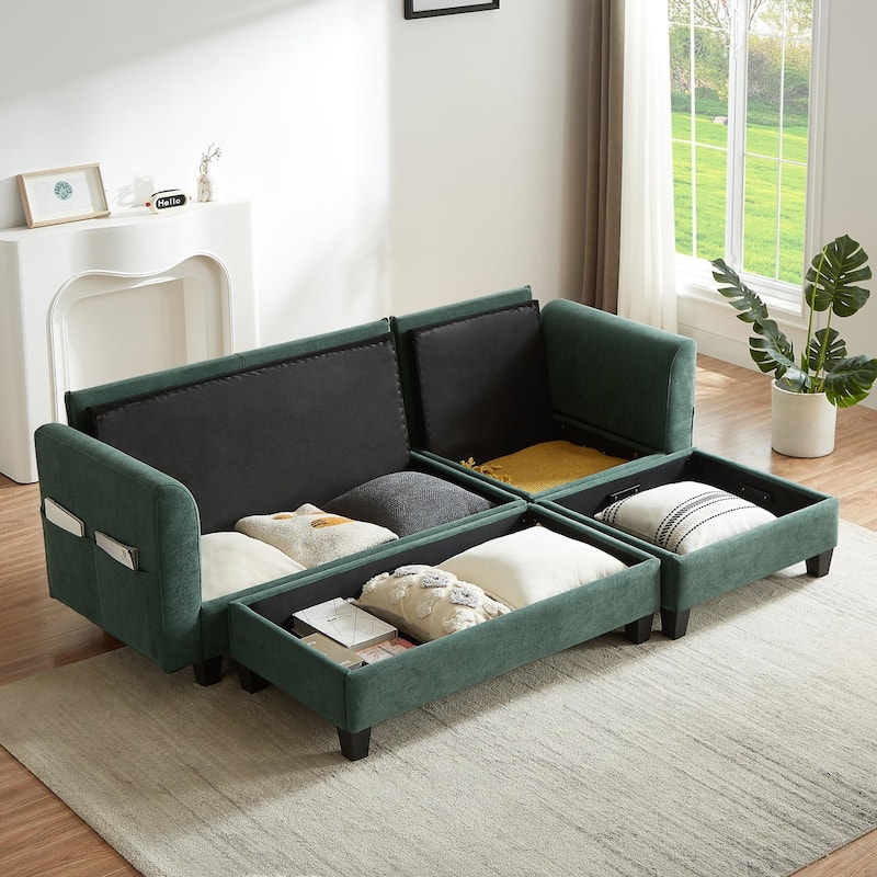 Roomfitters L-Shaped Sectional Sofa with Storage, Movable Ottoman and 6 Throw Pillows for Living Room