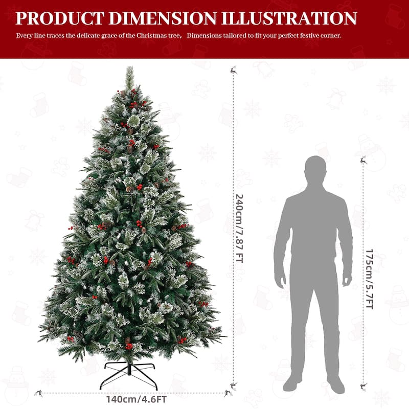 8ft Snow Frosted Artificial Christmas Tree with 1550 Tips, Pinecones, Berries and Metal Stand