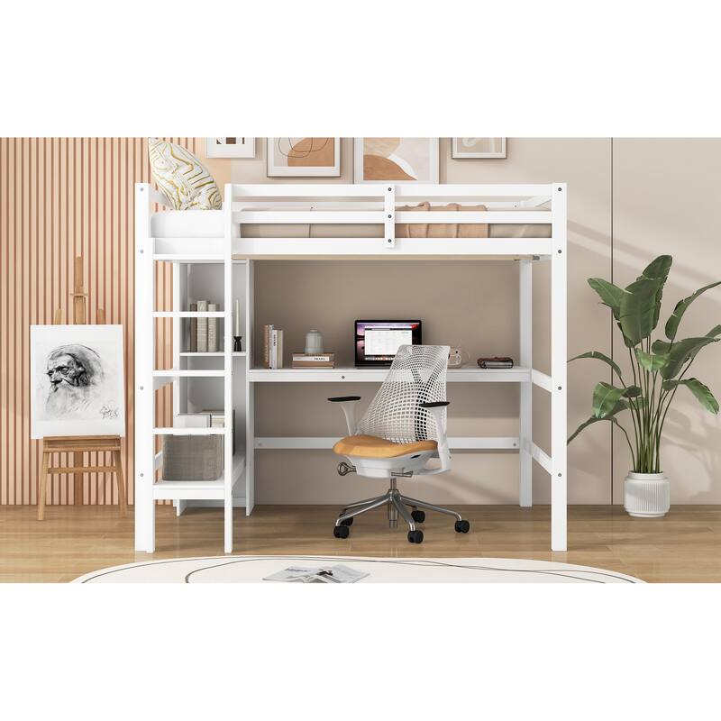 Full Size Loft Bed With Multifunction Shelves And Under-Bed Desk