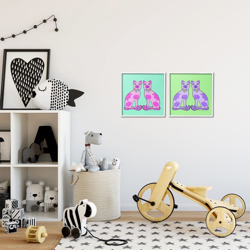 Stupell Bright Purple Cat Pairs Framed Giclee Art Design By Katie Conley (Set of 2)