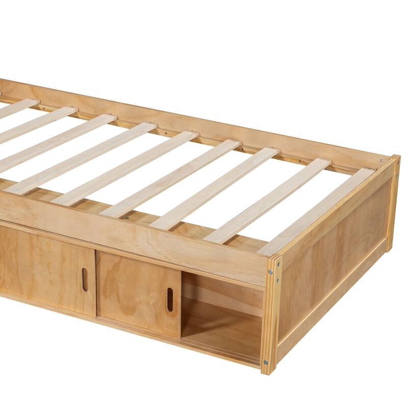 Twin Size L-shaped Bed Frame with Trundle Bed and Storage Cabinets, Desk, Lighting, Corner Platform Storage Bed Frame