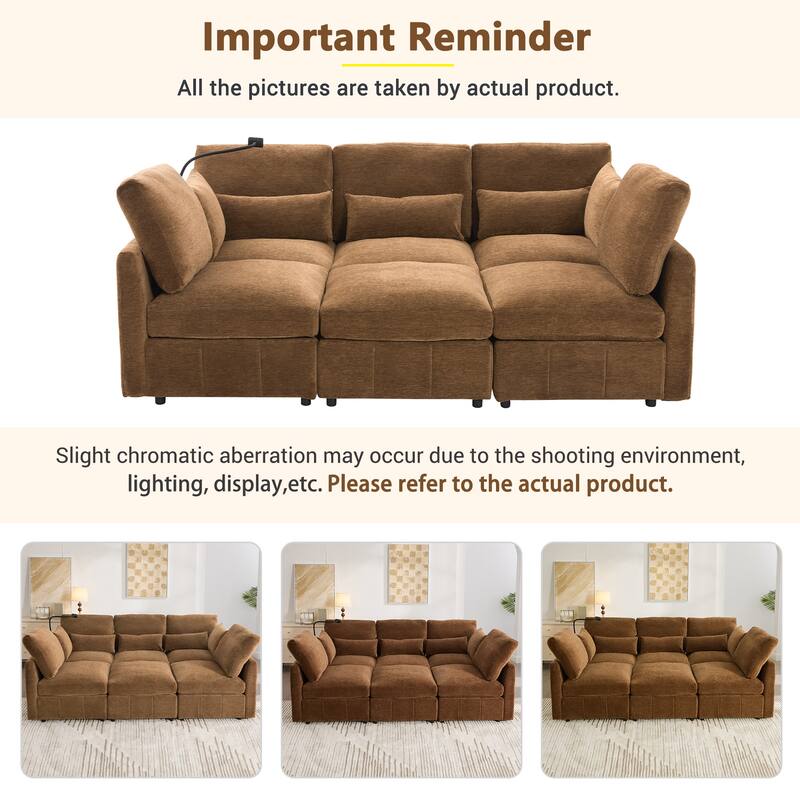 U Shaped Modular Sectional Sofa with Movable Ottoman, Chenille Upholstered 5-Seater Sofa with 2 USB Ports & Phone Holder