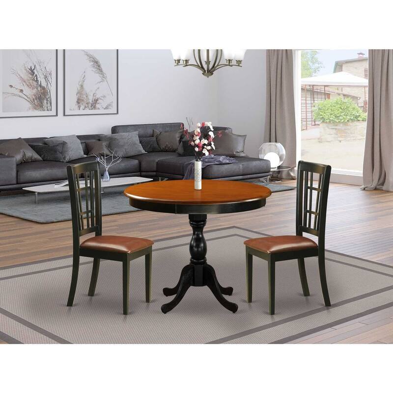 Modern 3Piece Dining Set - Round Table & 2 Kitchen Chairs - Black & Cherry Finish