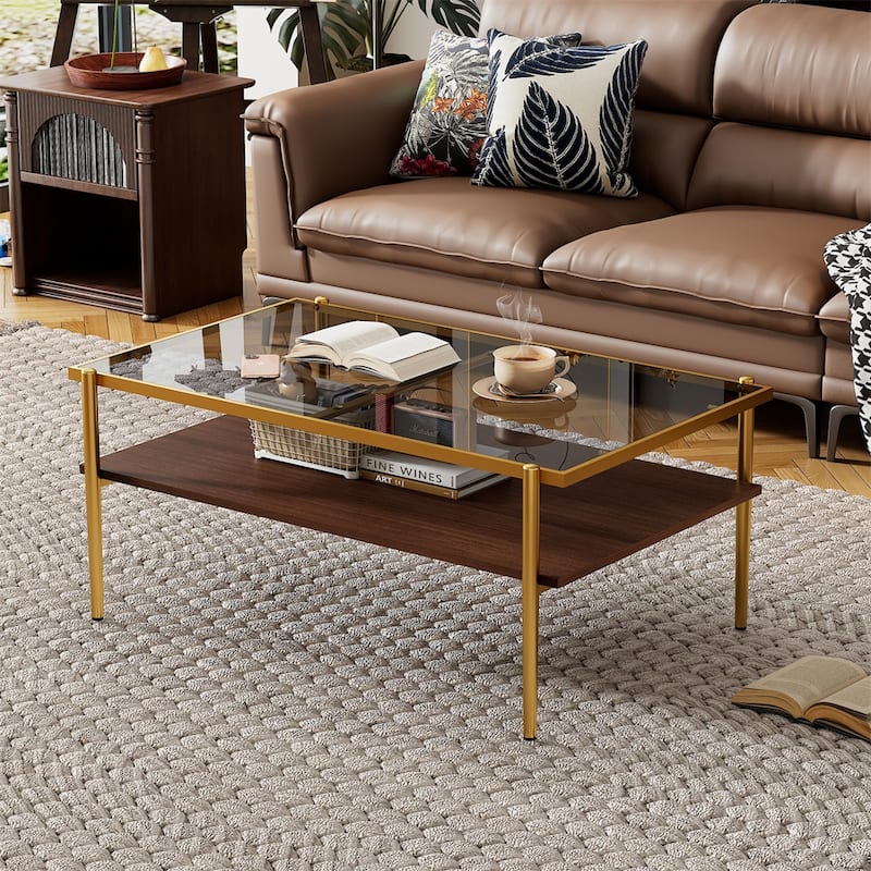 Rectangle Coffee Table with Tempered Glass top and Metal Legs