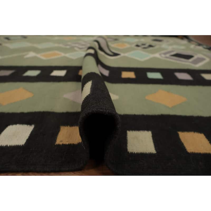 Hand Woven Oriental 100% Wool Carpet Southwestern Tribal Green Kilim Area Rug - 9' 11'' X 7' 11''