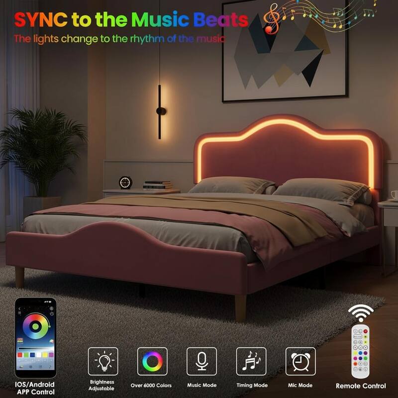 Bed Frame, Adjustable LED Headboard and Footboard