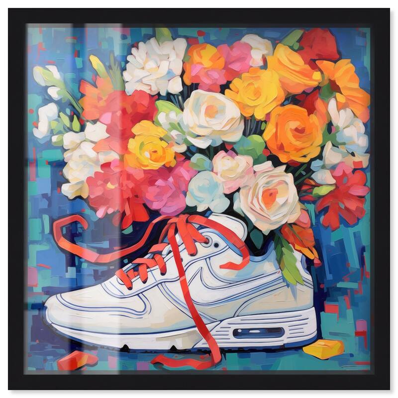Whimsical Sneaker with Flowers Shadowbox by Art Remedy - Black - 40" x 40"