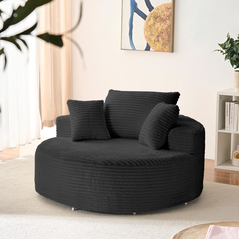 Corduroy Swivel Armchair with 360-degree Swivel, Deepseat Accent Barrel Round Sofa Chair with Pillows,Reading Chair - Black - 1-Seater