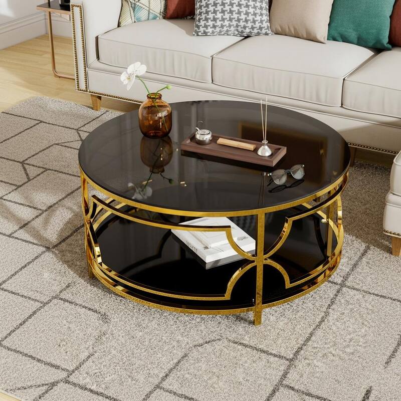 Round Glass Coffee Table with Luxurious Geometric Metal Frame by Harper&Bright Designs