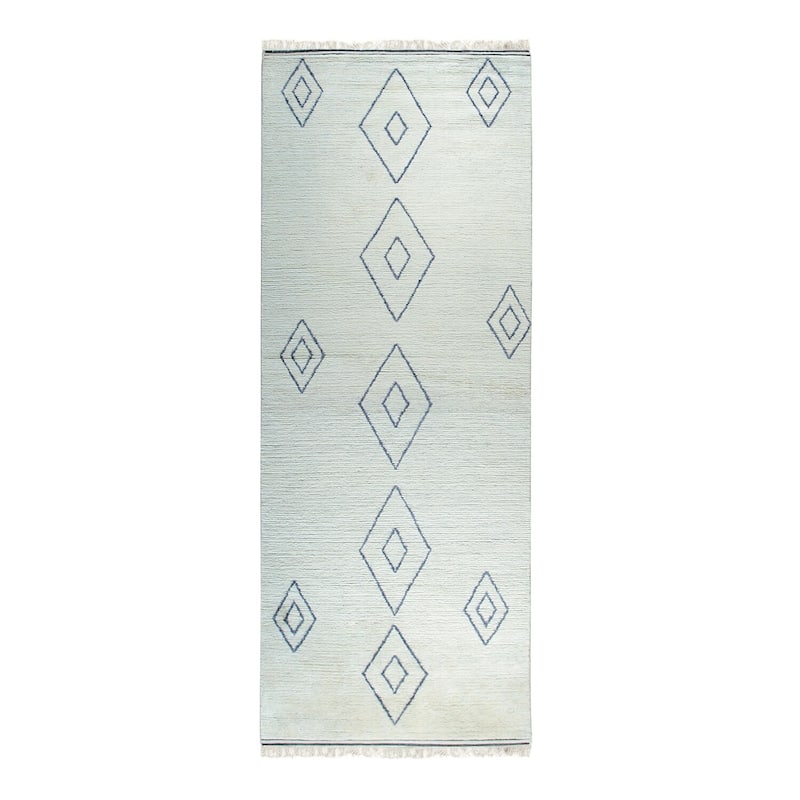 Ivory Hand-Knotted Wool Modern Contemporary Runner 4' x 12' - Geometric Motifs Premium Quality Durable - N/A
