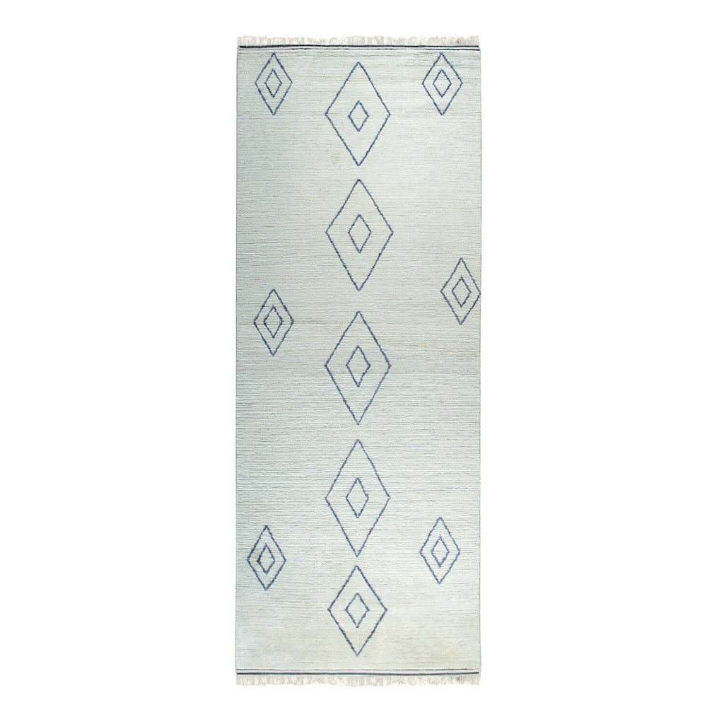 Ivory Hand-Knotted Wool Modern Contemporary Runner 4' x 12' - Geometric Motifs Premium Quality Durable - N/A