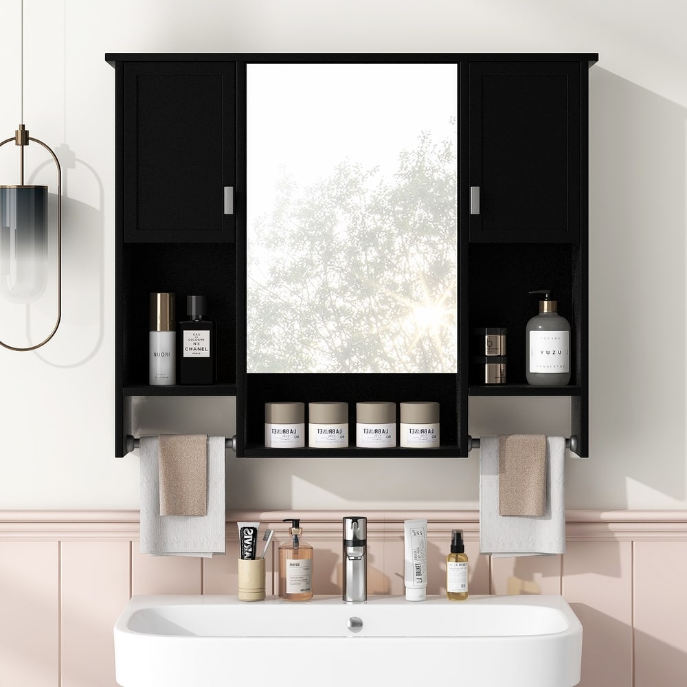Over the Toilet Medicine Cabinet Wall Cabinet for Bathroom with Mirrored Cabinet, Side Cabinets, Open Shelves and Towel Racks