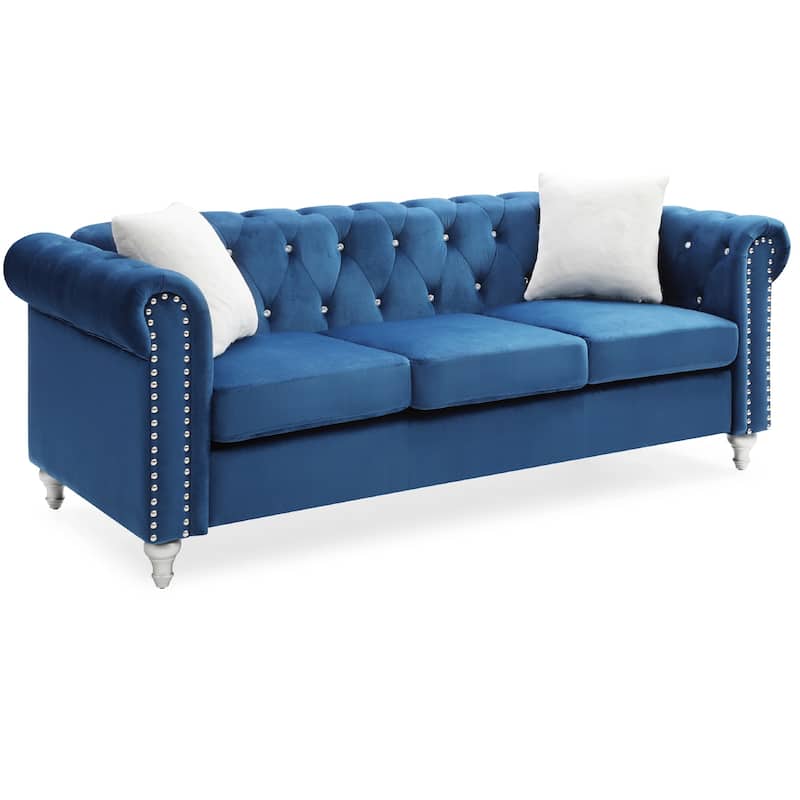 Tufted Faux Jewel Velvet 3-Seater Sofa with Throw Pillows - 83" - Blue