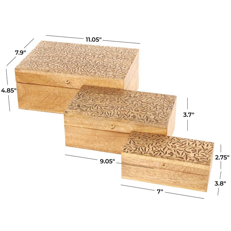 Brown Mango Wood Handmade Storage Scroll Box with Gold Accents (Set of 3)
