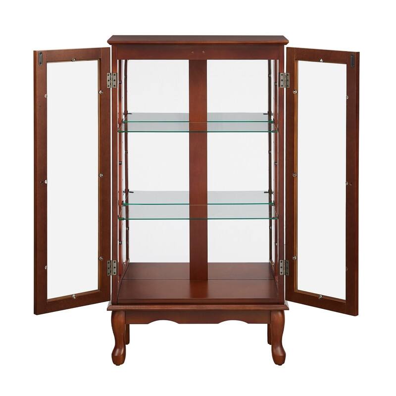 Curio Cabinet Lighted Diapaly Cabinet Wooden Shelving Unit with Adjustable Shelves and Mirrored Back Panel, Tempered Glass Doors