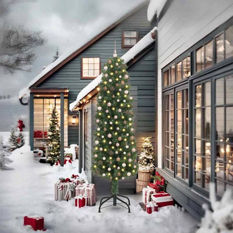 vidaXL Artificial Christmas Tree Green - Green with LEDs and white/grey balls - 5 Foot