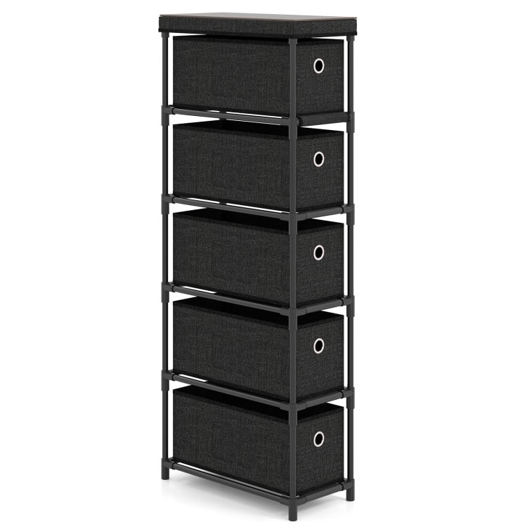 Black MDF Storage Tower with 5 Foldable Drawers Metal Structure and Industrial Wood Top