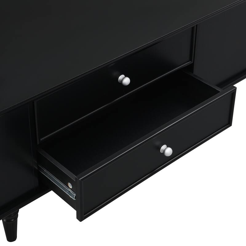 Modern Rectangle Coffee Table with 4 Drawers & 2 Side Hidden Storage Compartments, Center Table with 4 Solid Wood Legs