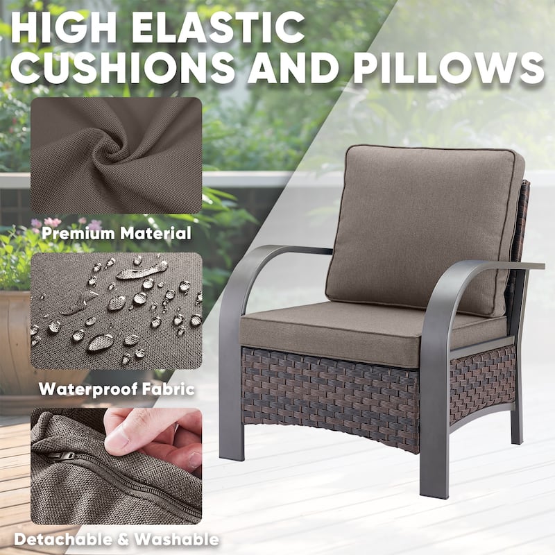 6 Pieces Fire Pit Table with Sofa Chair Ottoman Set - Grey cushion - Brown