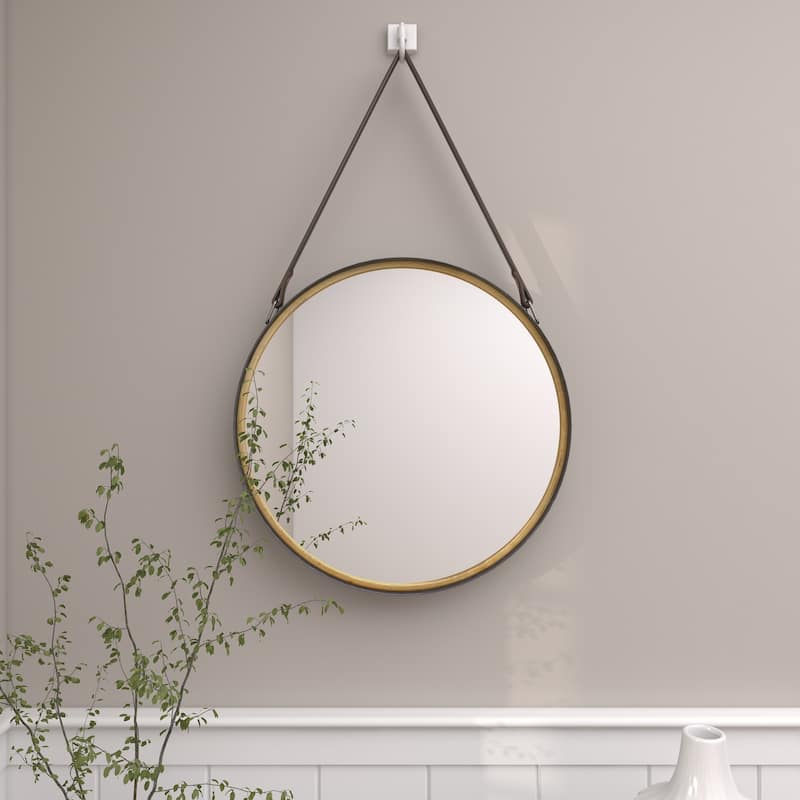 Metal Wall Mirror with Leather Strap - Gold - Roche River Decor