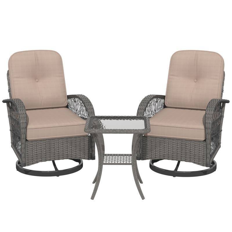 EROMMY Outdoor 3 Pieces Swivel Rocker Patio Chair Sets with Glass Table, All-Weather Wicker & Thickened Cushions for Backyard