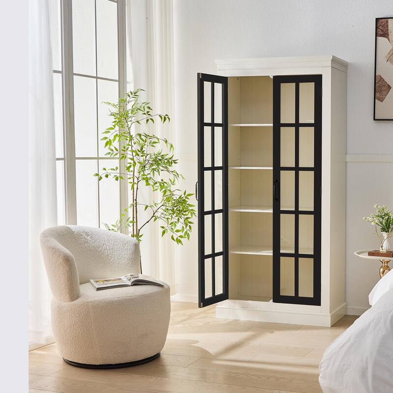 71.2'' Freestanding Pantry Cabinet with Glass Door, Farmhouse Display Cabinets with Storage, Curio Cabinet with Lattice Window