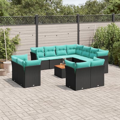 vidaXL 12 Piece Patio Sofa Set with Cushions Black Poly Rattan - 24.4 x 24.4 x 27.2