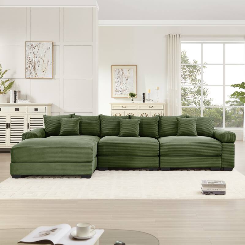GDFStudio - Corduroy L-Shaped 3-Seater 130" Cloud Modular Sectional Couch with Ottoman