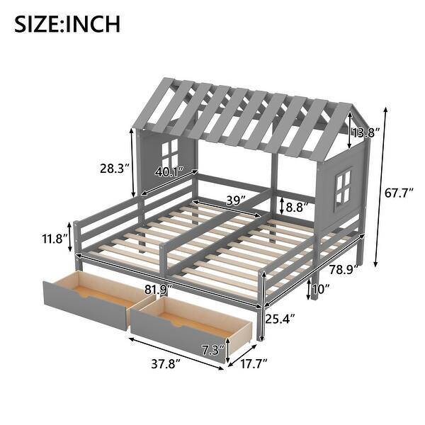 Grey Twin Size House Platform Beds with Two Drawers