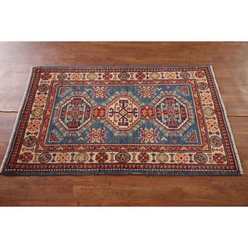 Blue Kazak Oriental Accent Rug Hand-Knotted Geometric Wool Carpet - 2'8"x 4'1"