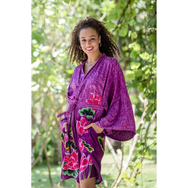 Novica Handmade Pink Lotus Hand-Painted Batik Rayon Short Robe