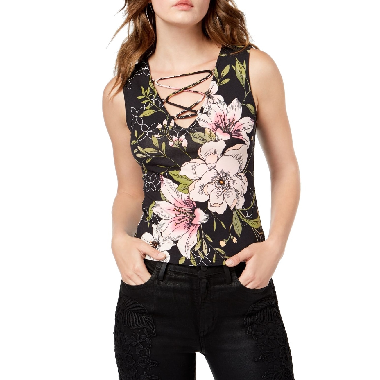 GUESS Womens Small Lace Up Floral Tank Cami Top