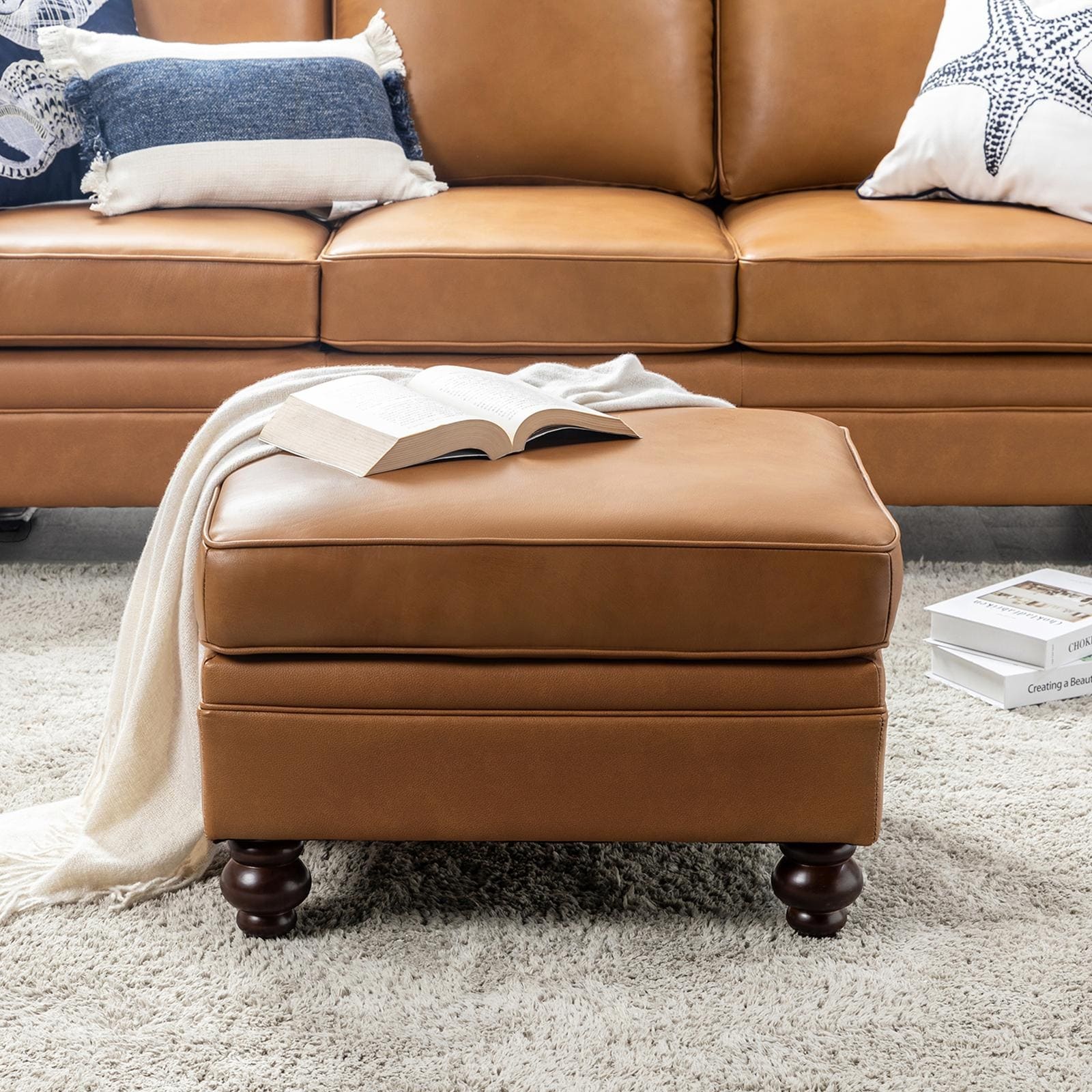 HULALA HOME Irene Contemporary Genuine Leather Water Resistant Ottoman with Solid Wood Legs