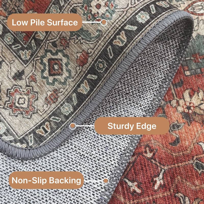 Mcow Neutral Floral Low Pile Machine Washable Non-Slip Area Rug