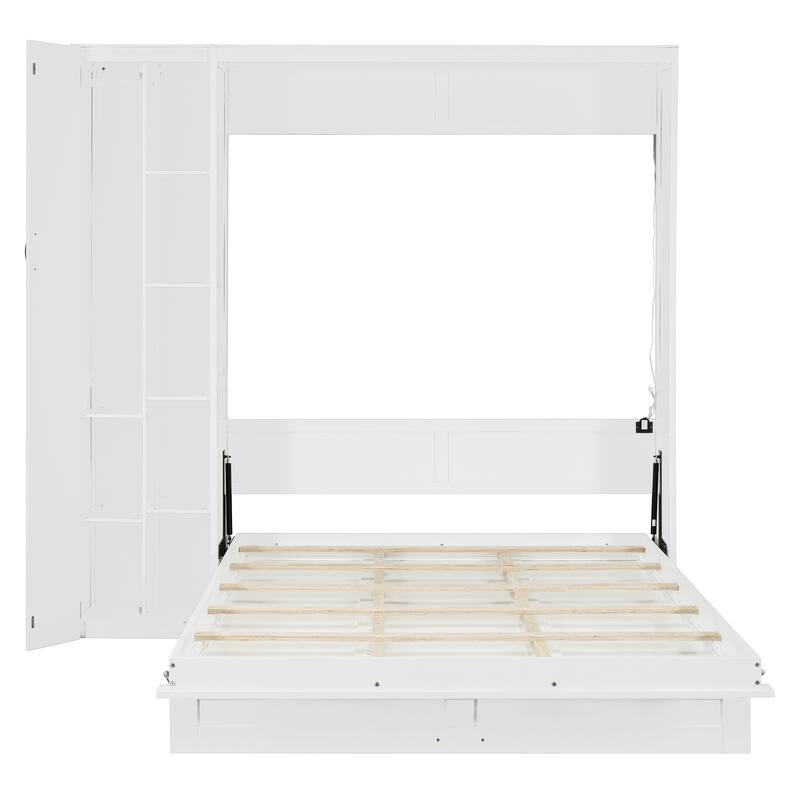 Queen Size Wall Bed with Shelves, Wardrobe, and LED Lights, Space-Saving Design