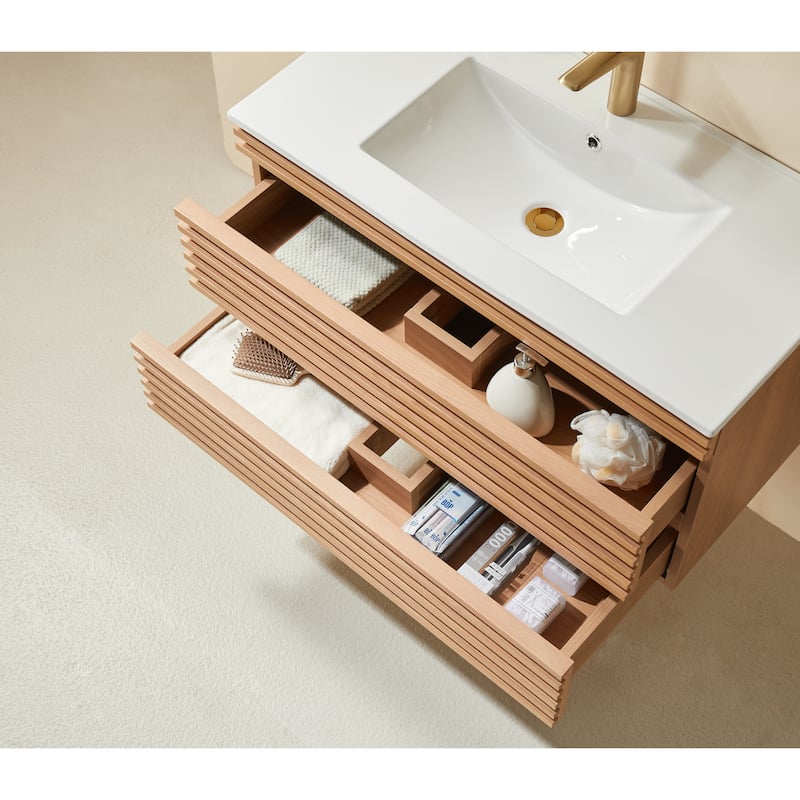 GDFStudio - Modern 36" Wall-Mounted Floating Bathroom Vanity with Integrated Ceramic Basin & Soft-Close Drawers, Fully Assembled