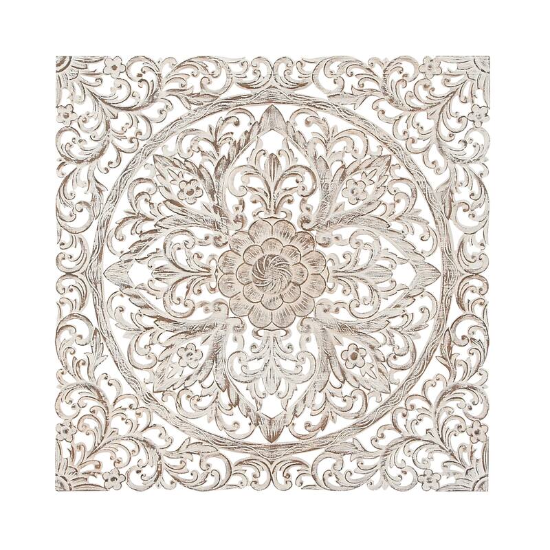 White Wood Handmade Intricately Carved Mandala Floral Home Wall Decor with Brown Distressing