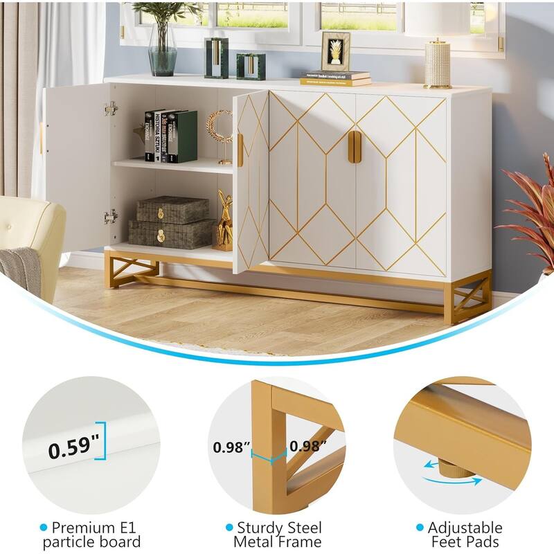 Modern White Storage Cabinet with Gold Accents and Adjustable Shelves for Living Room or Kitchen - 59.05" x 13.77" x 35.82"