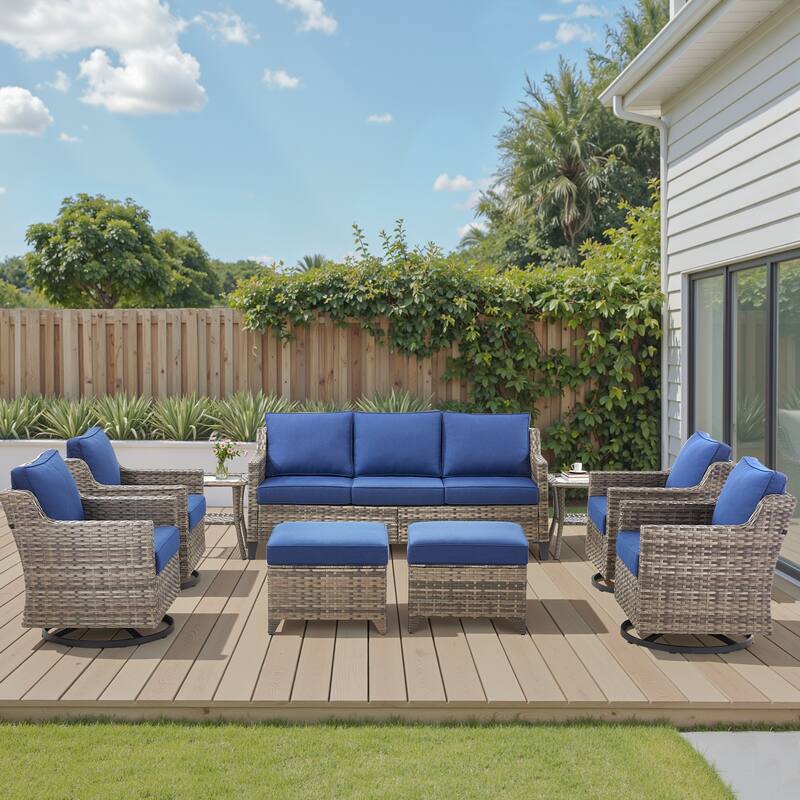 Pocassy 9-Piece Sofa Ottoman w/ Swivel Chair Table Set - Blue Cushion Gray Wicker - 9-Piece Sofa Ottoman w/ Swivel Chair Table Set
