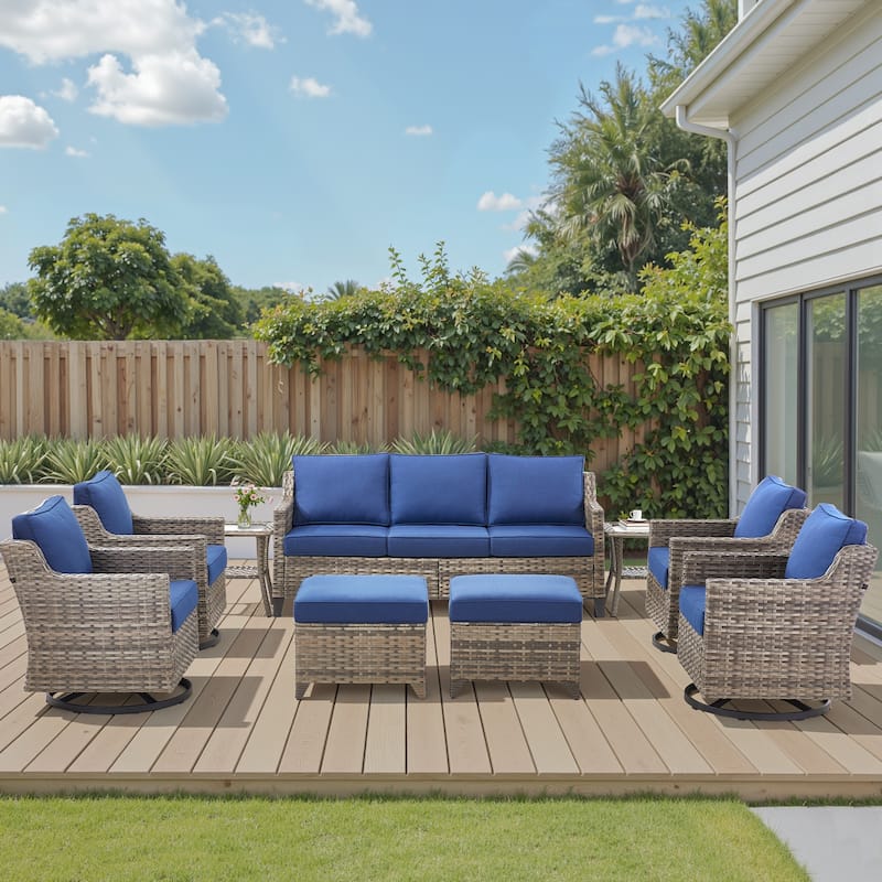 Pocassy Outdoor All-Weather Outdoor Sofa, Swivel Chair, Ottoman Sets - Grey Wicker Blue Cushion - 9 Pieces Sofa Swivel Chair Table with Ottoman