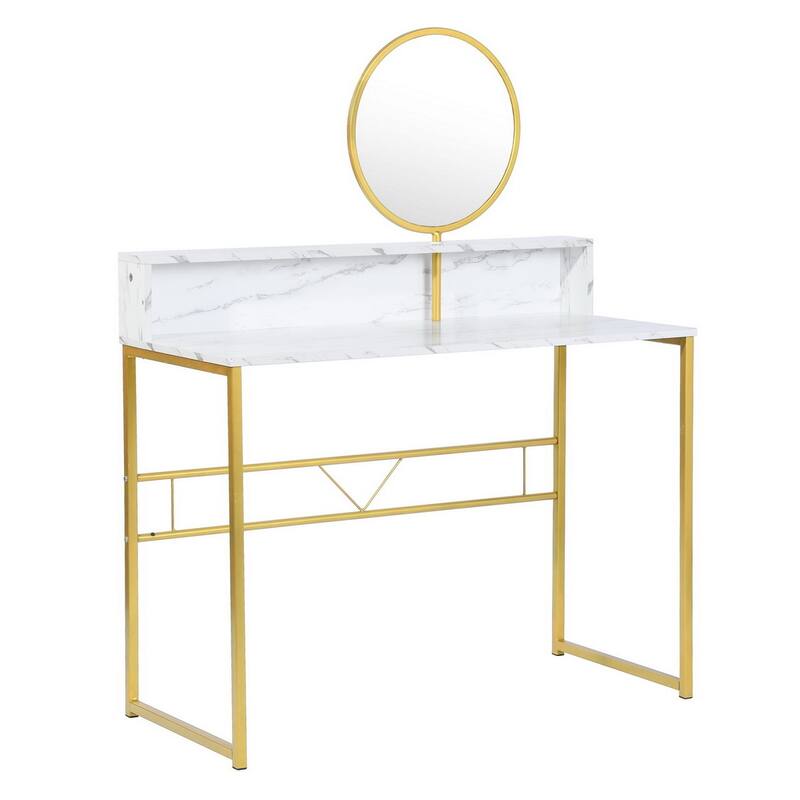 Homylin 41" Modern Vanity Table with Round Mirror, White Marble & Gold