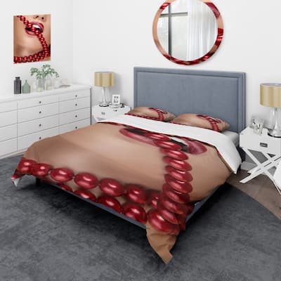 Designart 'Woman Mouth With Red Lipstick Biting Red Pearls' Modern Duvet Cover Set
