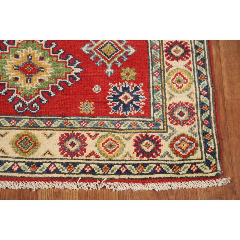 Red Kazak Foyer Rug Traditional Handmade Geometric Wool Carpet - 2'8"x 3'11"
