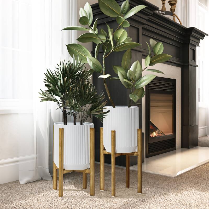 2-Pc Textured Round White Metal Cachepot Planters with Gold Stands