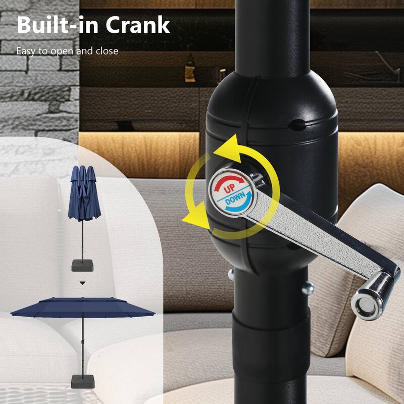 MAISON ARTS 15ft 2-Tier Large Patio Umbrella with Solar Lights, Double-Sided Outdoor Market Umbrellas with Base Included