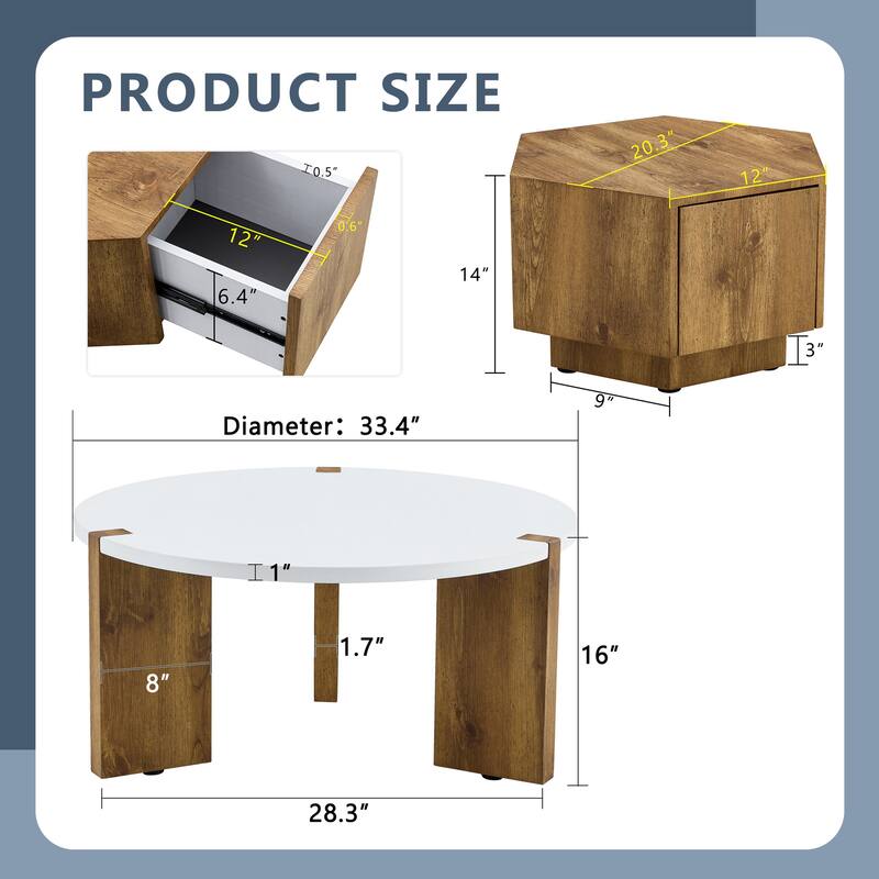 2-Piece Exquisite Coffee Table Set, Lncludes Round Coffee Table and Hexagonal Tea Table with Storage for Living Room