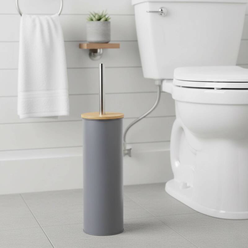 Metal Toilet Brush and Holder Set With Bamboo Lid