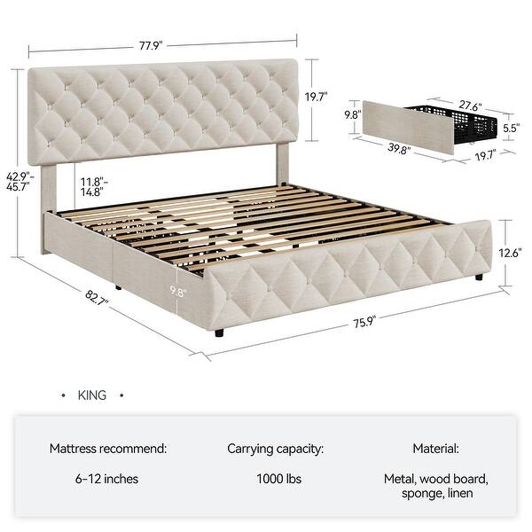 Linen Upholstered Platform Bed Frame Diamond Stitched Button Tufted