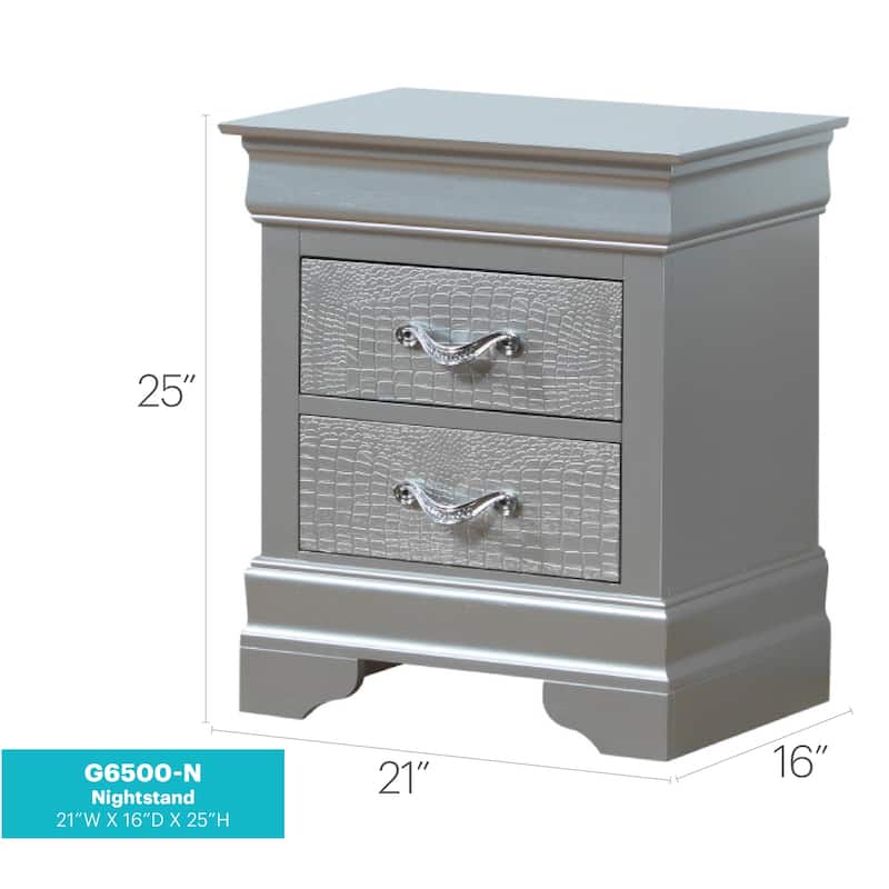 Silver Champagne Nightstand 24x21x16 with Two Spacious Drawers, Compact Bedside Table for Storage and Elegant Modern Finish